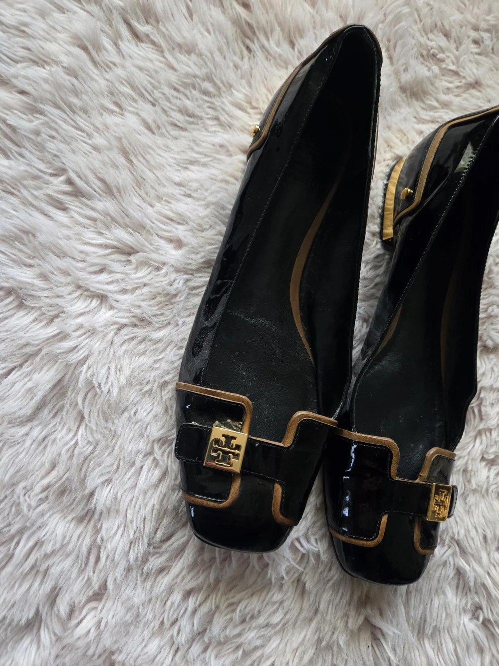 Tory Burch Black Patent Leather Square-Toe Logo Flats with Gold Trim
